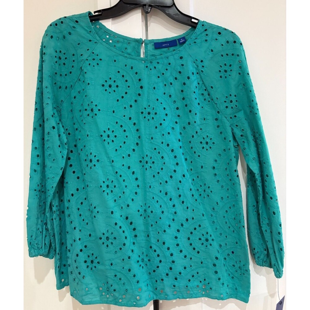 APT 9 Shirt Women's Medium Aqua Turquoise Balloon Sleeve Top Blouse Cotton NWT